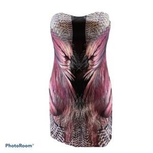 Tic Toc Pink Feather Print Strapless Mini Bodycon Dress Size Small